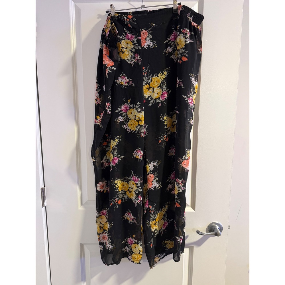 Torrid Black Floral Wide Leg Palazzo Pants Sheer‎ Boho Vacation Size 3